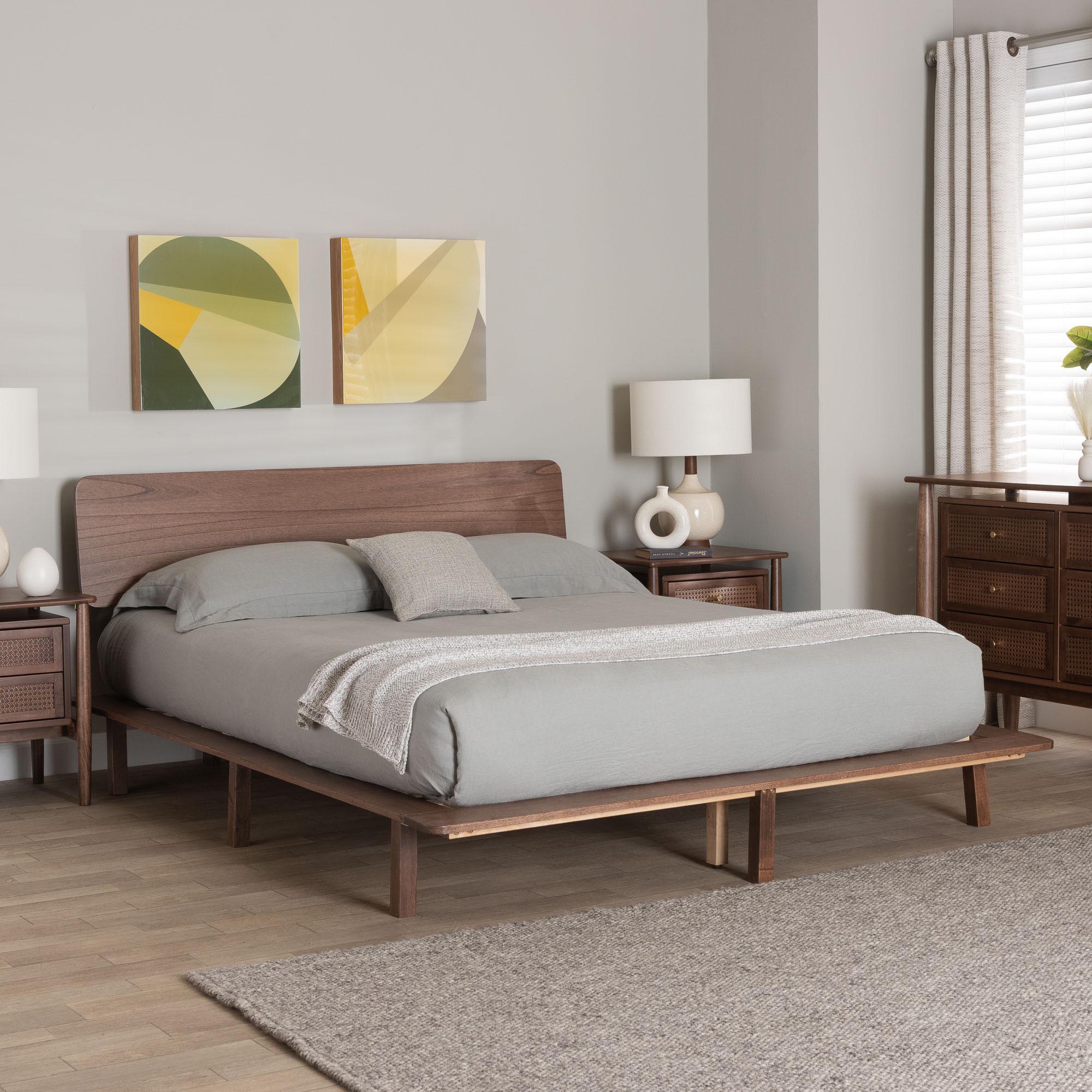 Alyssa Japandi Walnut Brown Wood Queen Size Platform Bed