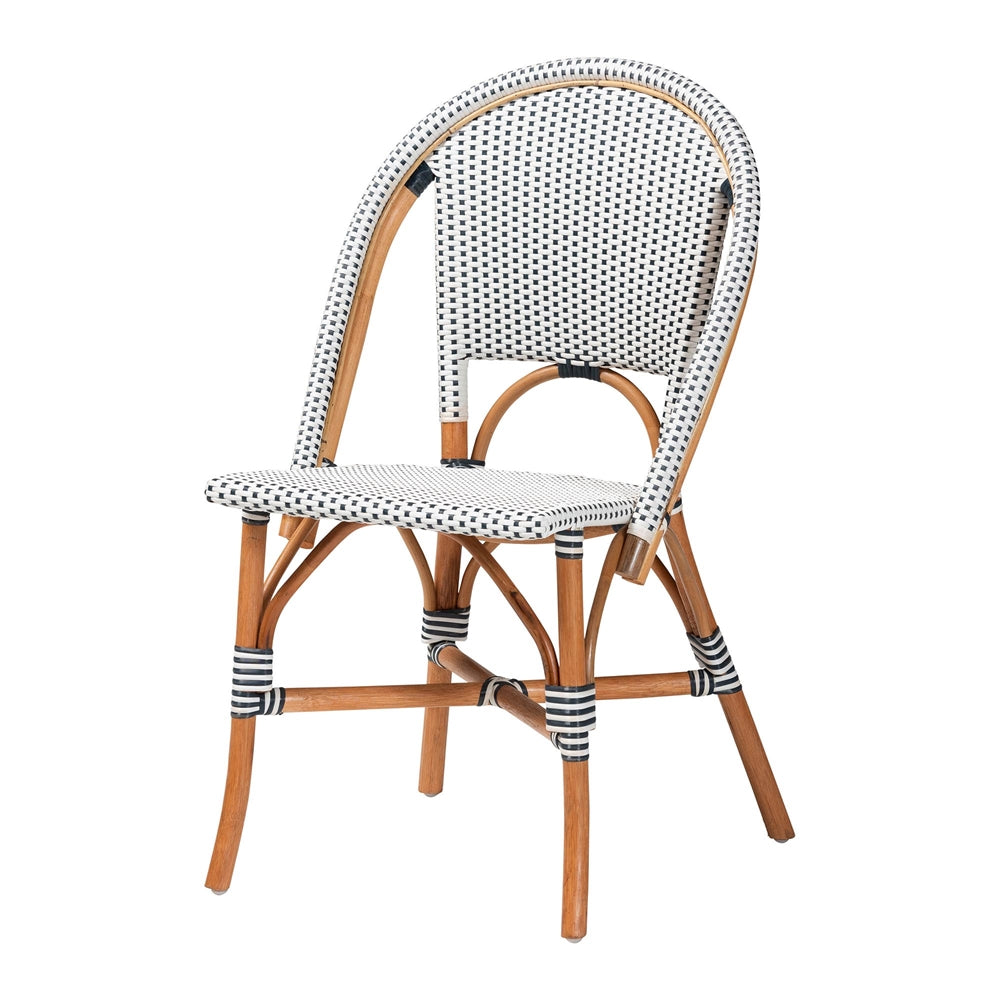 Genica Classic French Two-Tone Navy and White Weaving and Natural Rattan Bistro Chair