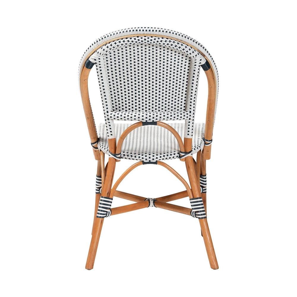Genica Classic French Two-Tone Navy and White Weaving and Natural Rattan Bistro Chair