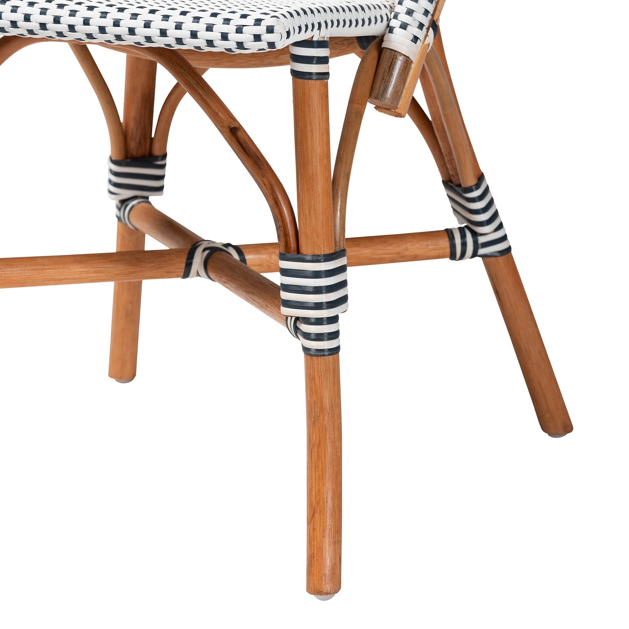 Genica Classic French Two-Tone Navy and White Weaving and Natural Rattan Bistro Chair