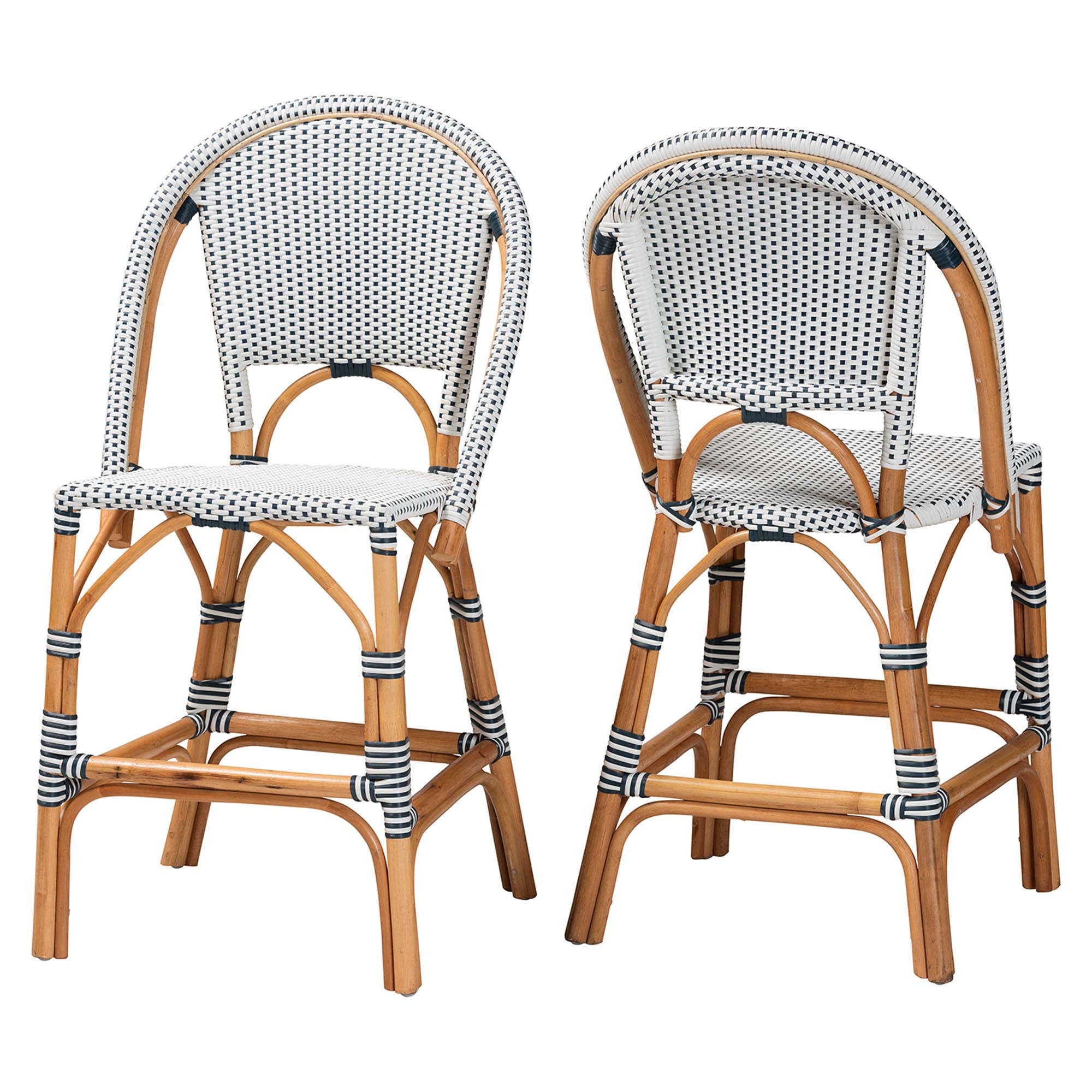 Genica Classic French Two-Tone Navy and White Weaving and Natural Rattan 2-Piece Counter Stool Set