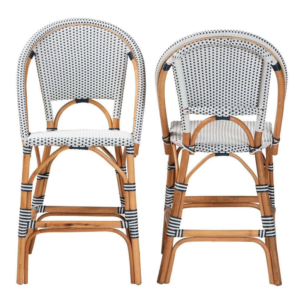 Genica Classic French Two-Tone Navy and White Weaving and Natural Rattan 2-Piece Counter Stool Set
