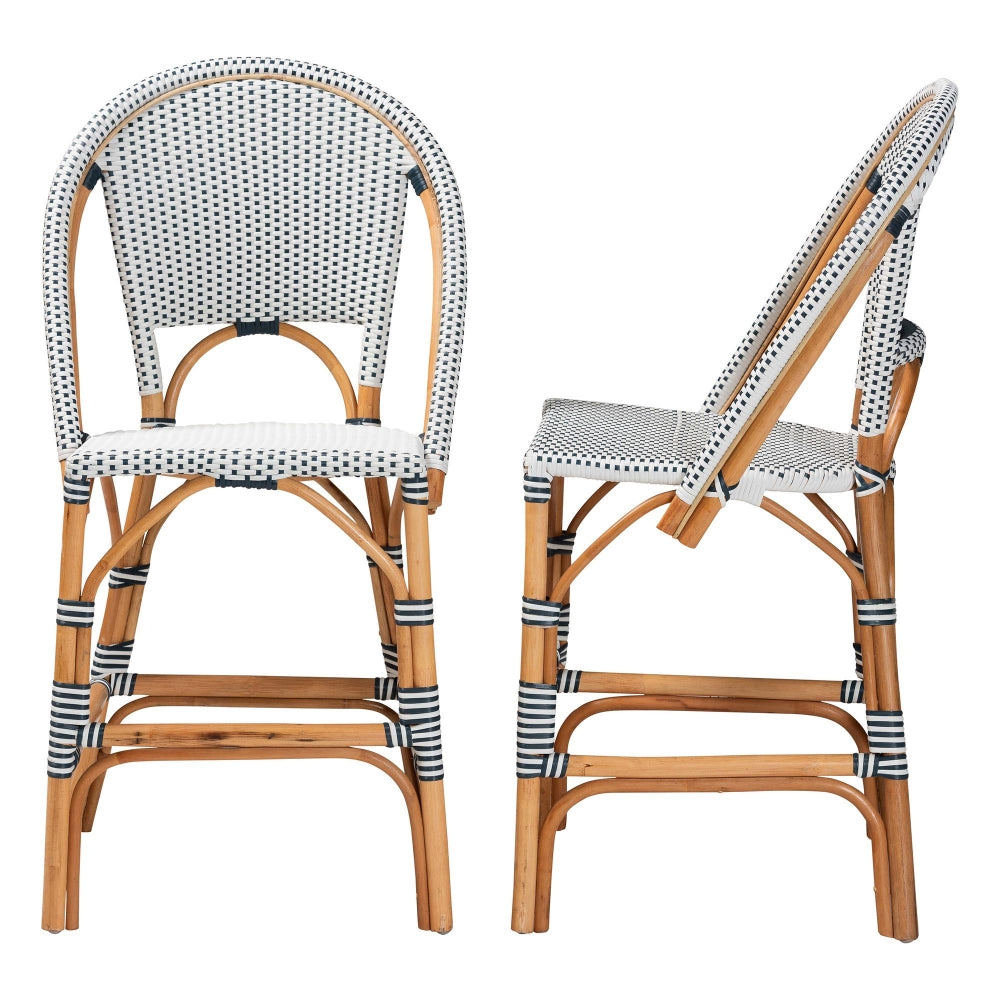 Genica Classic French Two-Tone Navy and White Weaving and Natural Rattan 2-Piece Counter Stool Set