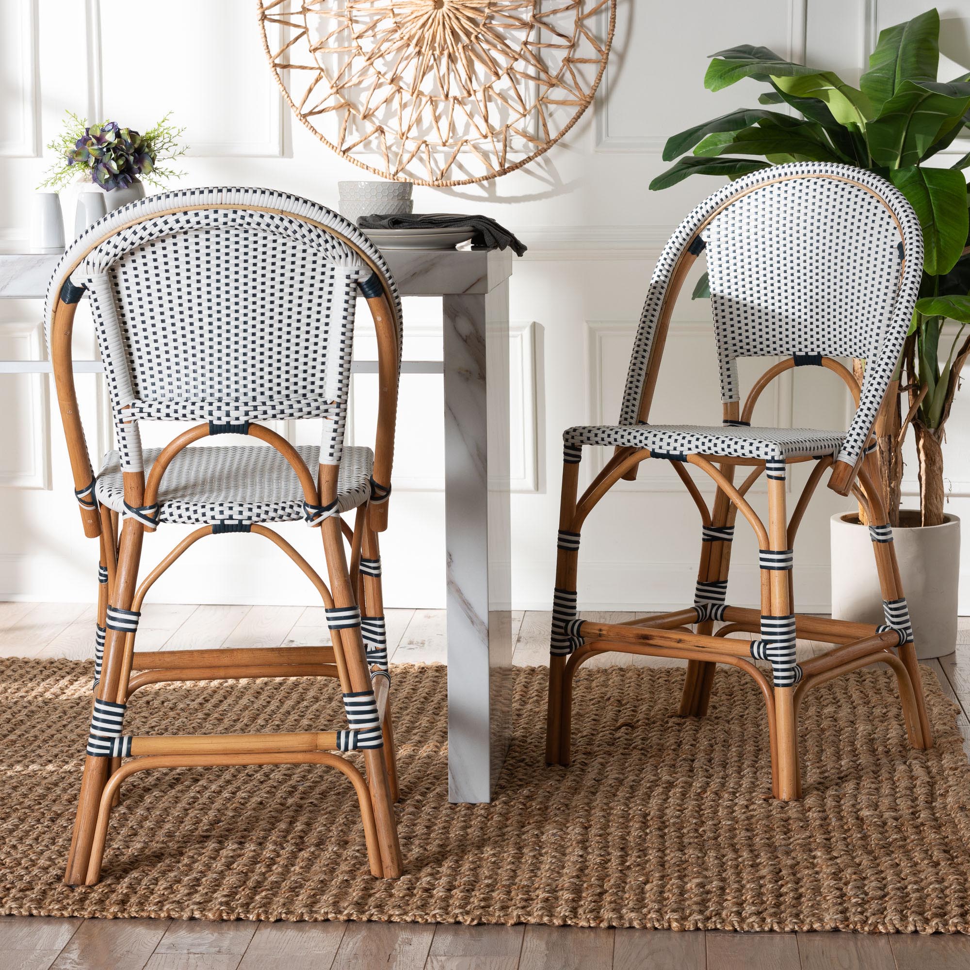 Genica Classic French Two-Tone Navy and White Weaving and Natural Rattan 2-Piece Counter Stool Set