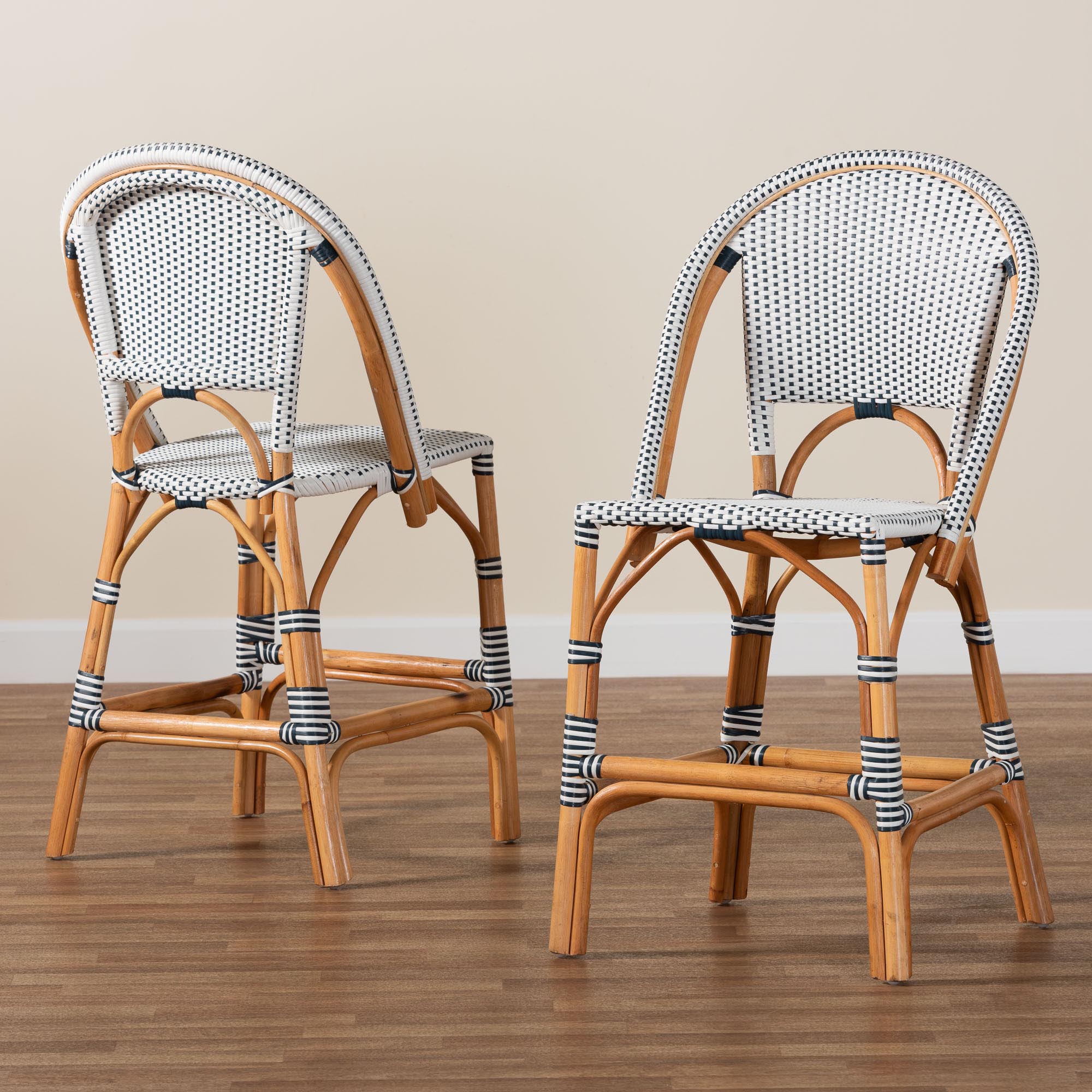 Genica Classic French Two-Tone Navy and White Weaving and Natural Rattan 2-Piece Counter Stool Set