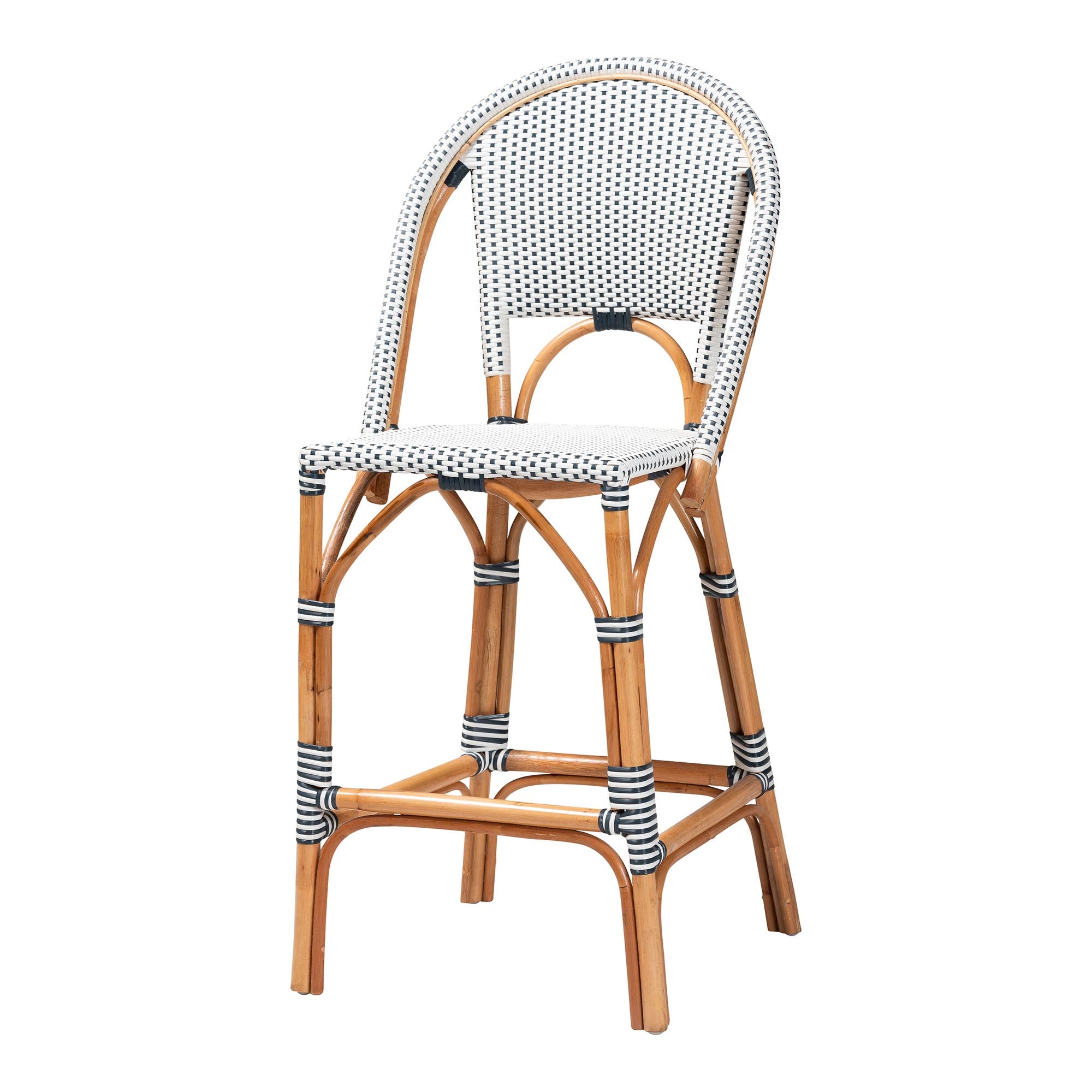 Genica Classic French Two-Tone Navy and White Weaving and Natural Rattan Bar Stool