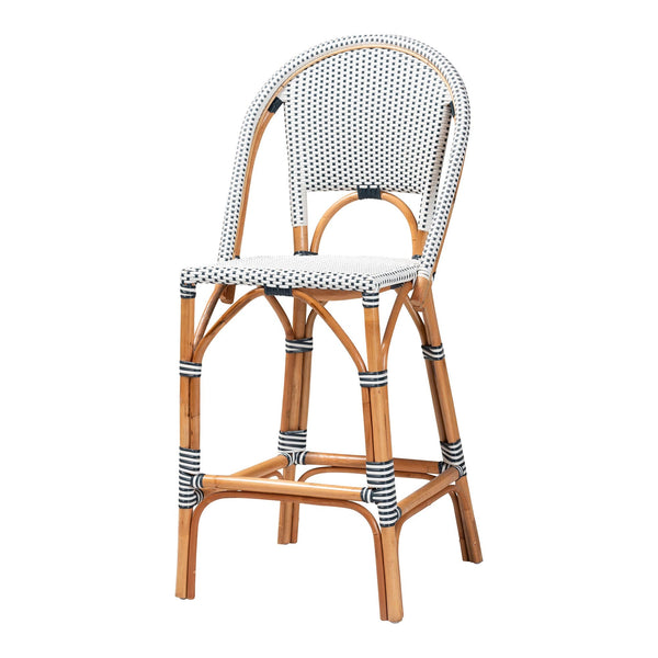 Genica Classic French Two-Tone Navy and White Weaving and Natural Rattan Bar Stool