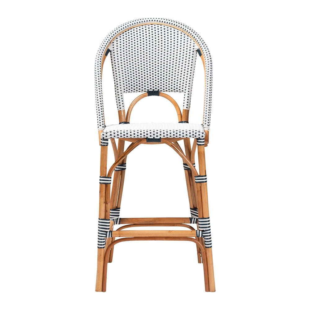 Genica Classic French Two-Tone Navy and White Weaving and Natural Rattan Bar Stool