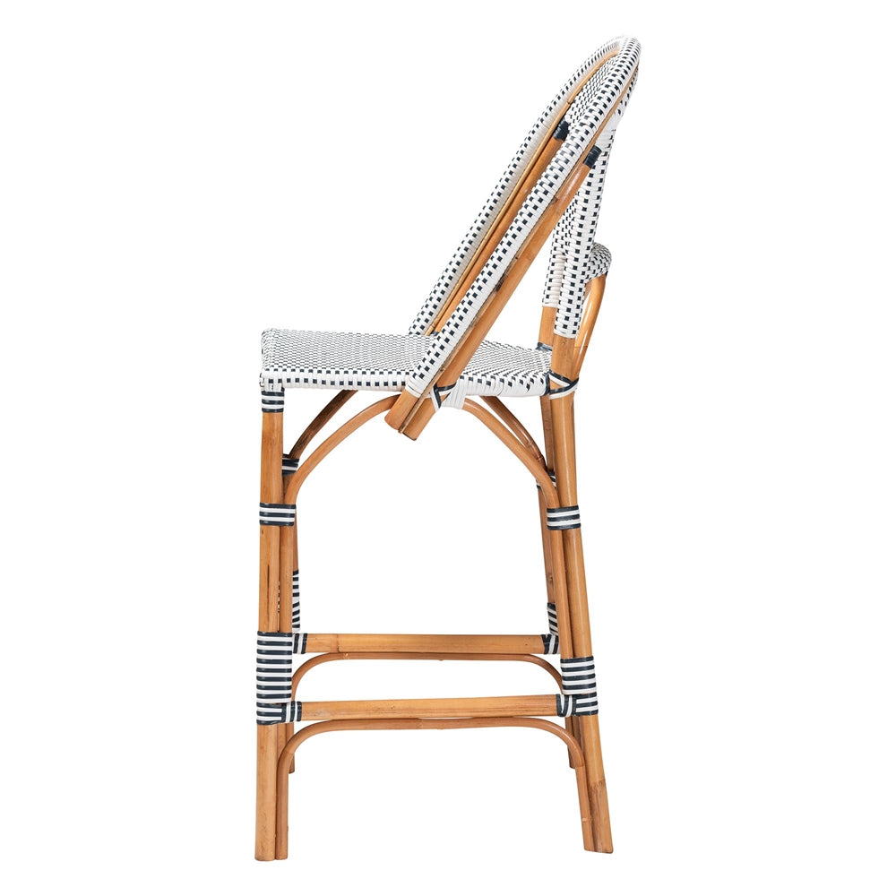 Genica Classic French Two-Tone Navy and White Weaving and Natural Rattan Bar Stool
