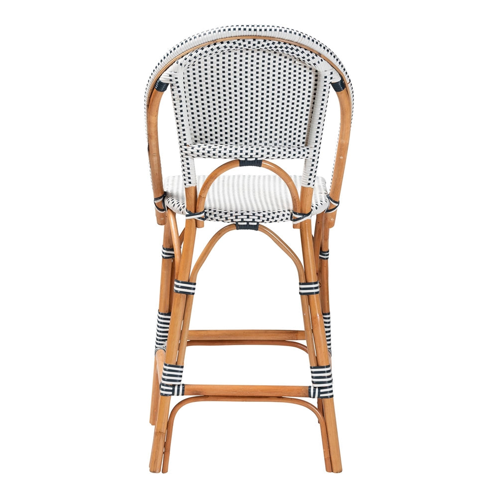 Genica Classic French Two-Tone Navy and White Weaving and Natural Rattan Bar Stool