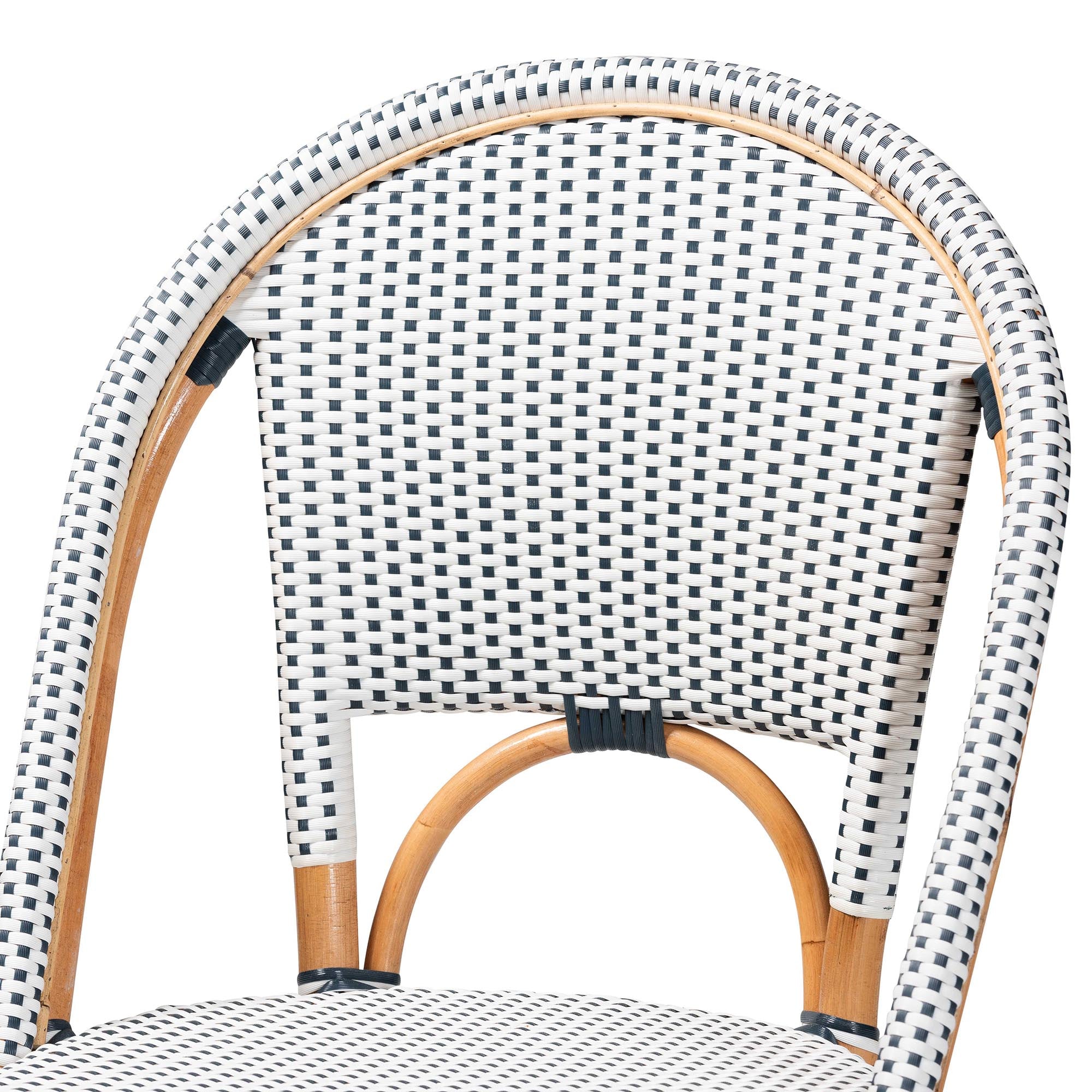 Genica Classic French Two-Tone Navy and White Weaving and Natural Rattan Bar Stool