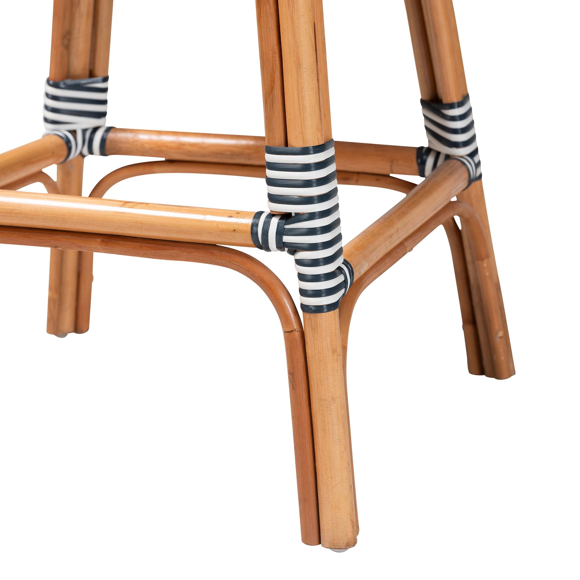 Genica Classic French Two-Tone Navy and White Weaving and Natural Rattan Bar Stool