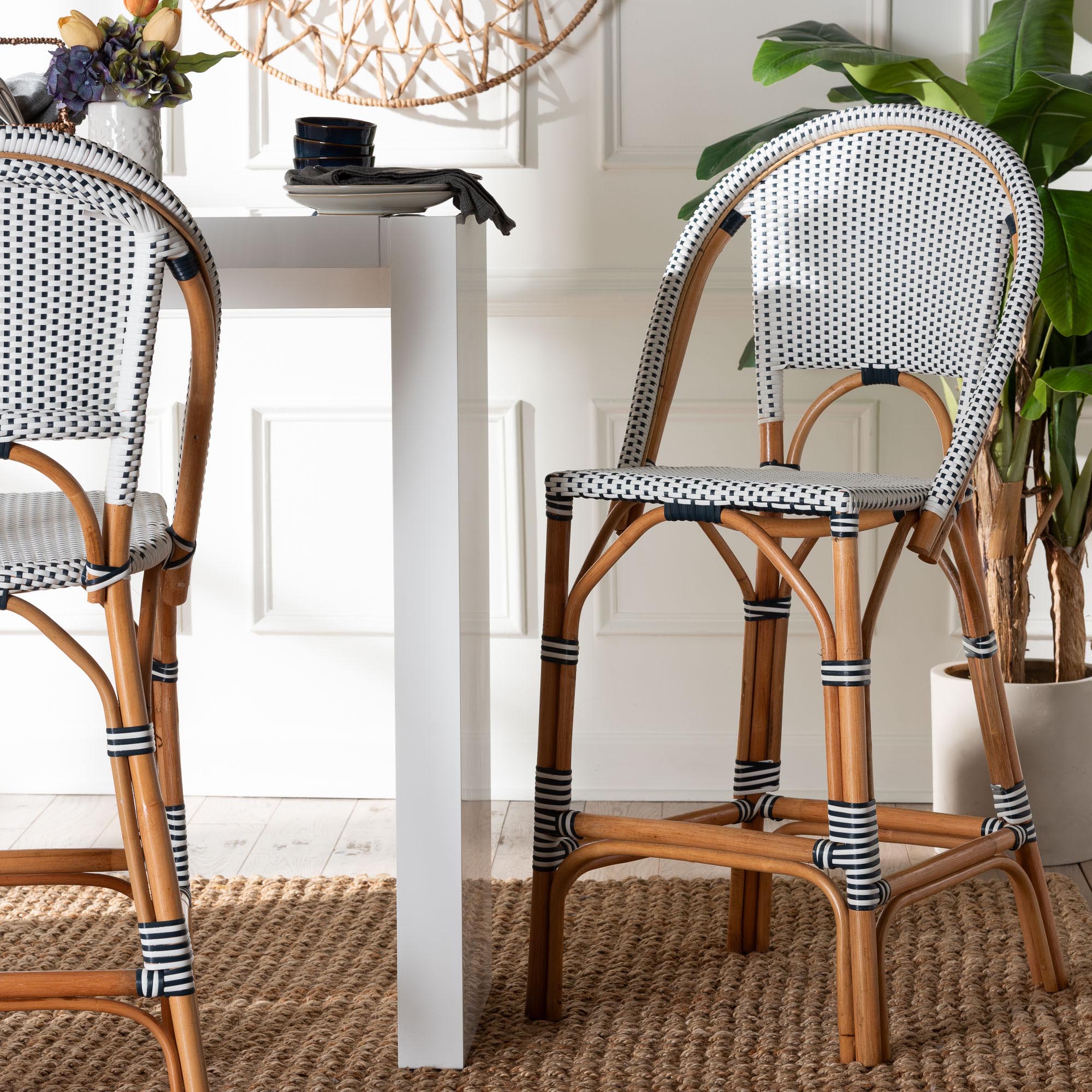 Genica Classic French Two-Tone Navy and White Weaving and Natural Rattan Bar Stool