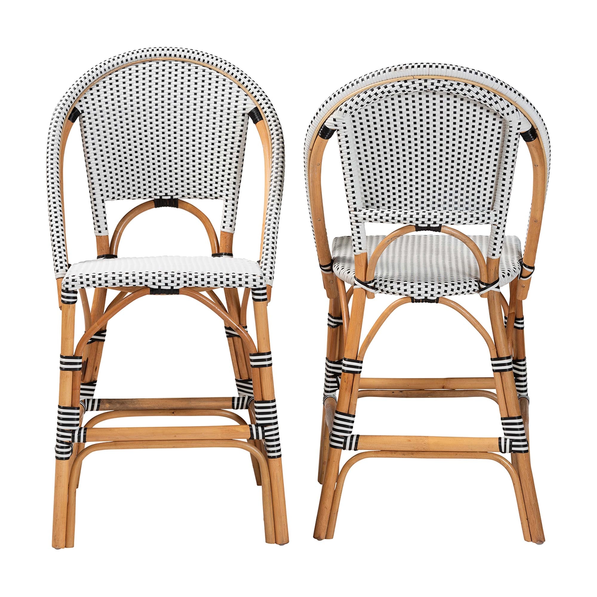 Genica Classic French Two-Tone Black and White Weaving and Natural Rattan 2-Piece Counter Stool Set