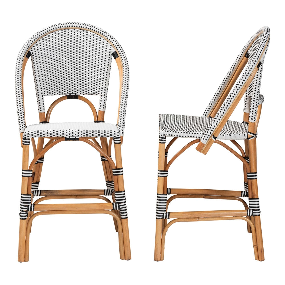 Genica Classic French Two-Tone Black and White Weaving and Natural Rattan 2-Piece Counter Stool Set