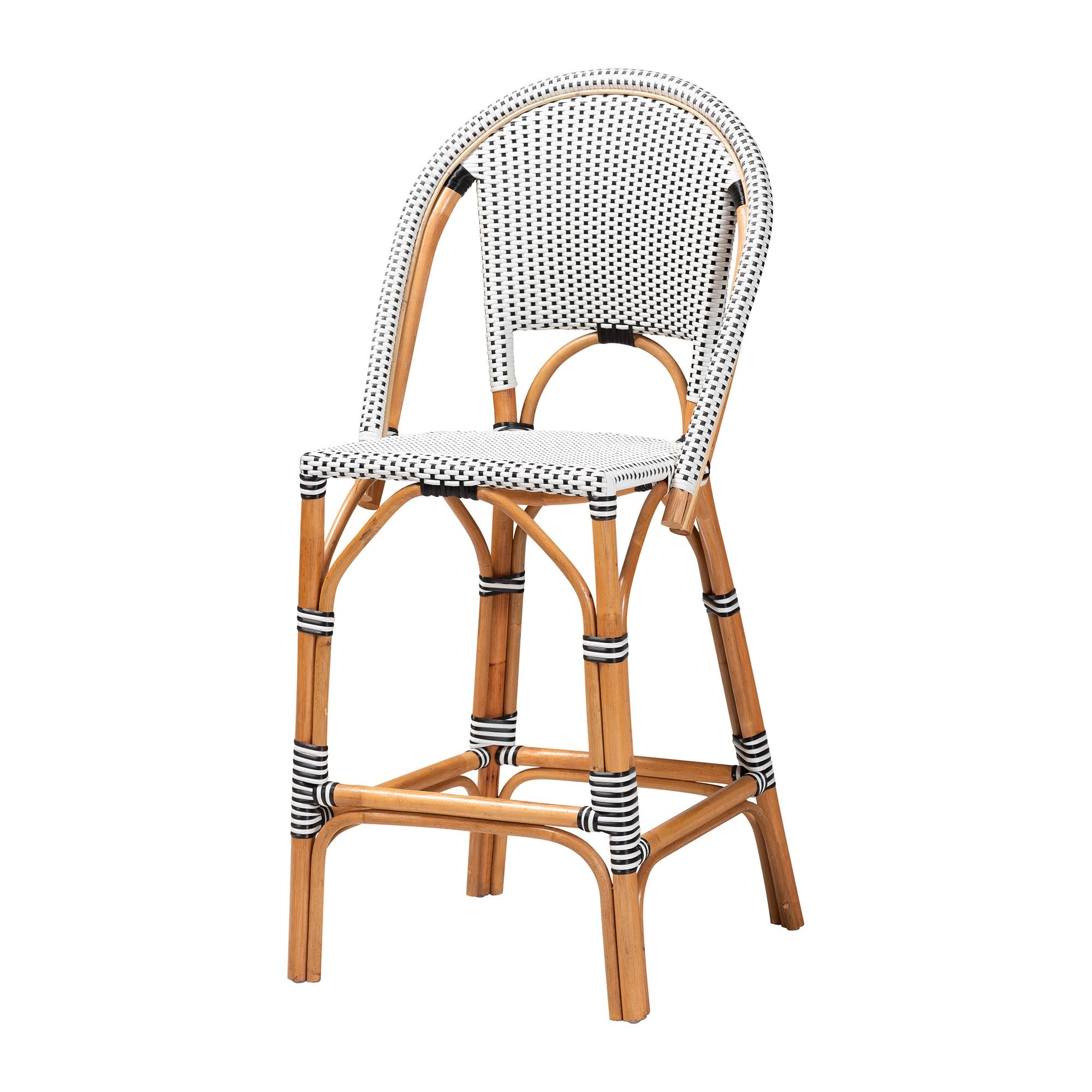 Genica Classic French Two-Tone Black and White Weaving and Natural Rattan Bar Stool