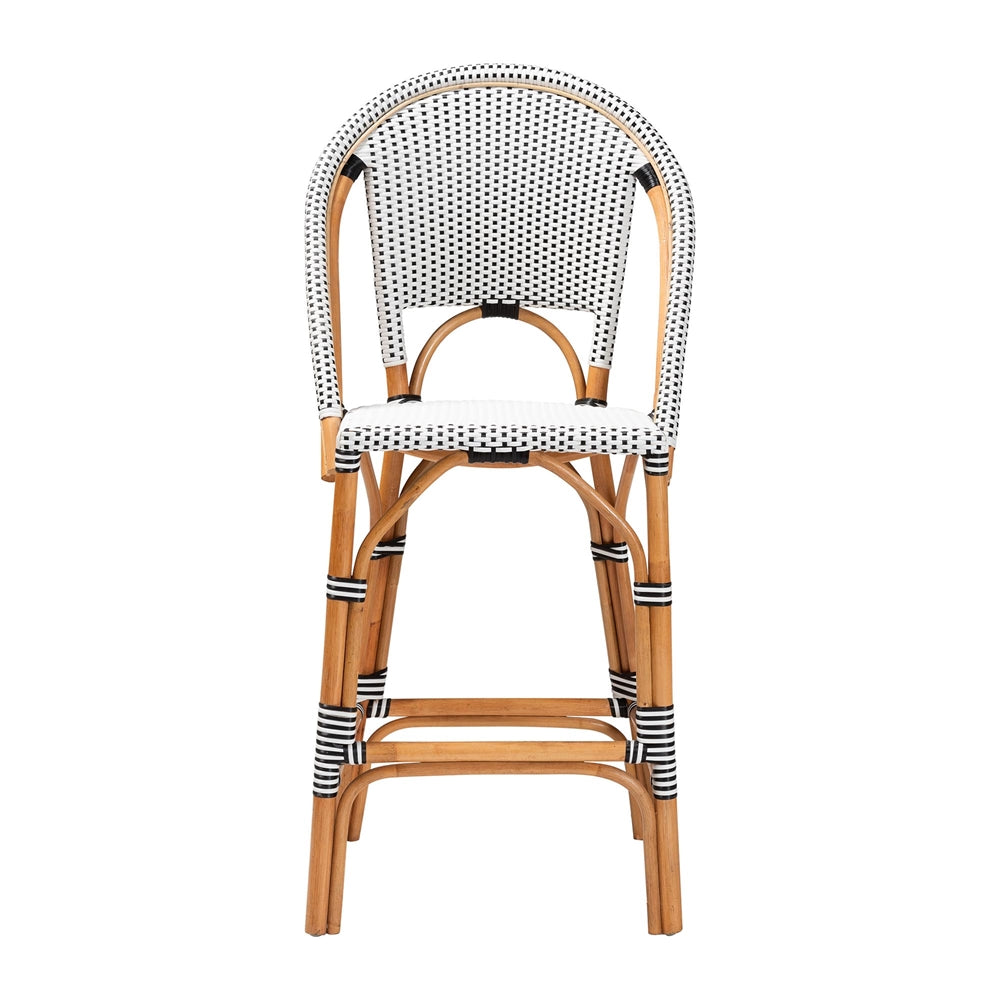 Genica Classic French Two-Tone Black and White Weaving and Natural Rattan Bar Stool