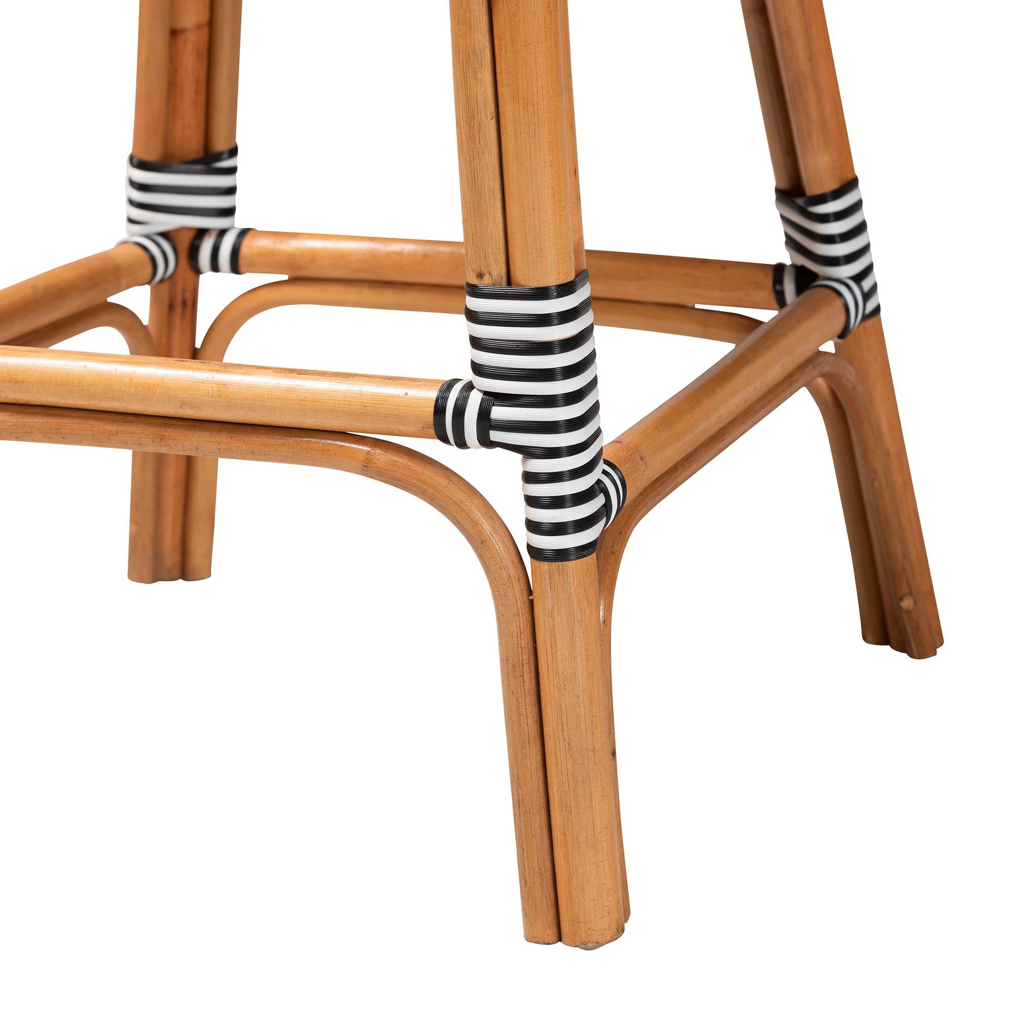 Genica Classic French Two-Tone Black and White Weaving and Natural Rattan Bar Stool