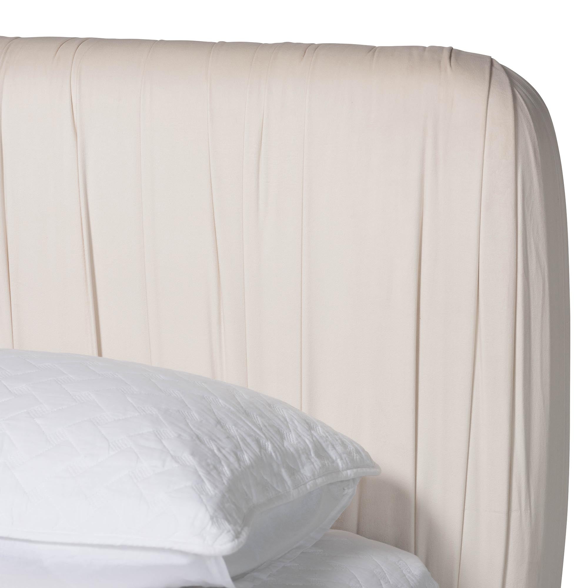 Emsley Ivory Pleated Velvet Queen Size Platform Bed