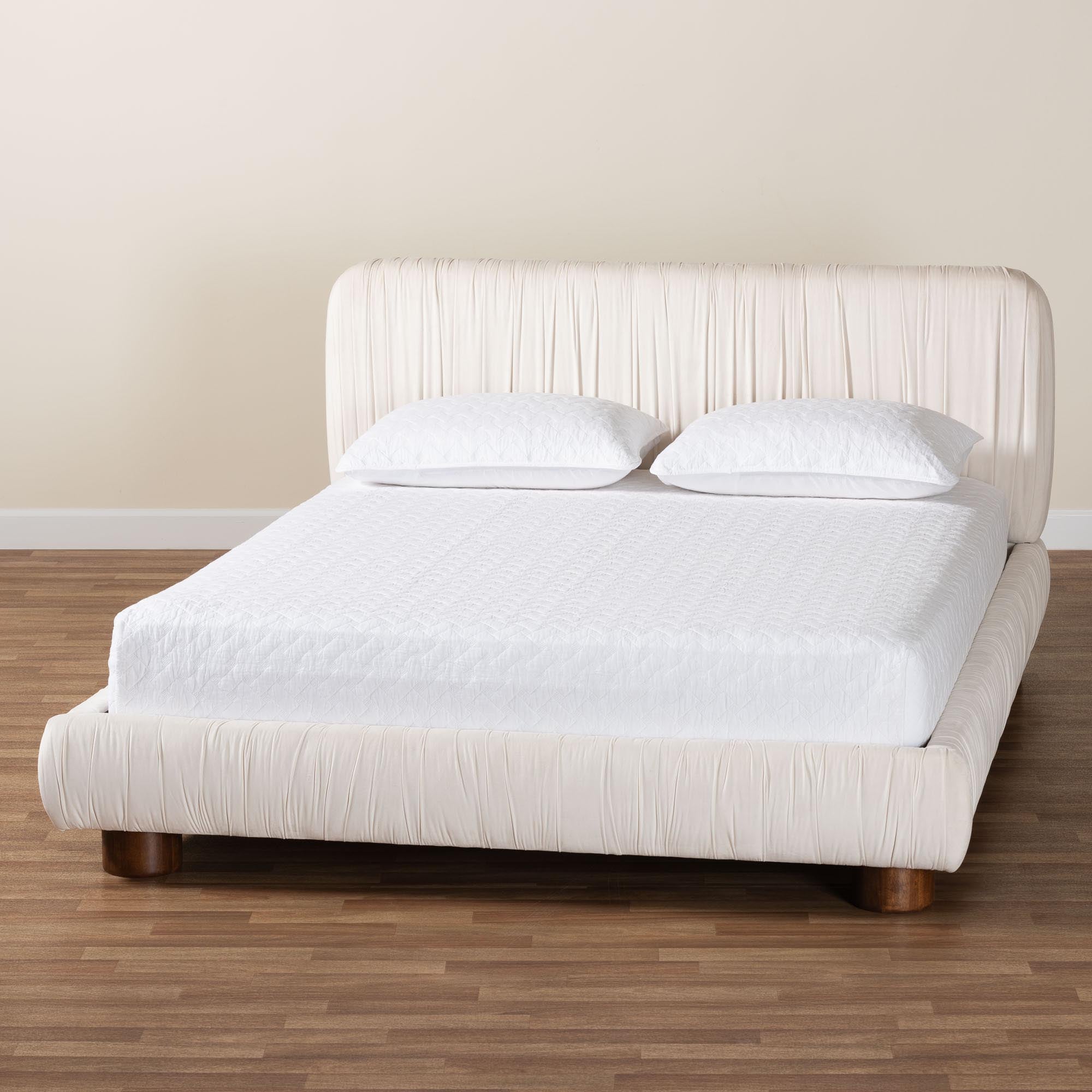 Emsley Ivory Pleated Velvet Queen Size Platform Bed