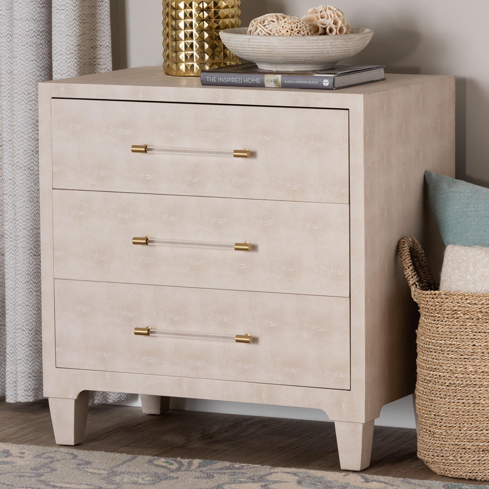 Nira Modern Beige Faux Shagreen 3-Drawer Storage Cabinet