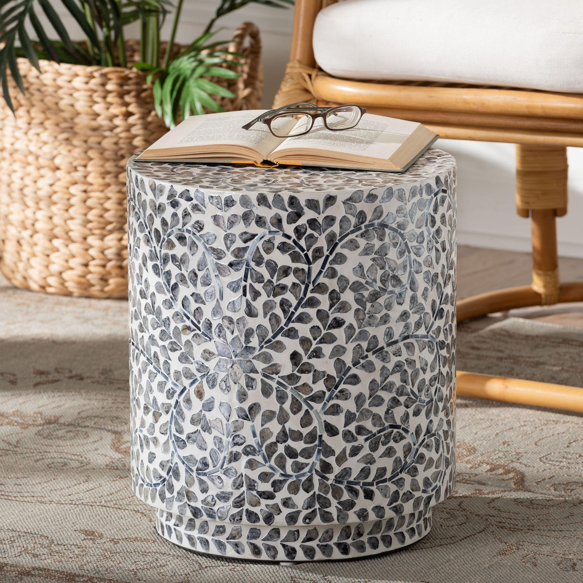 Marilla Coastal Black and White Mother of Pearl Capiz Shell Ottoman Footstool