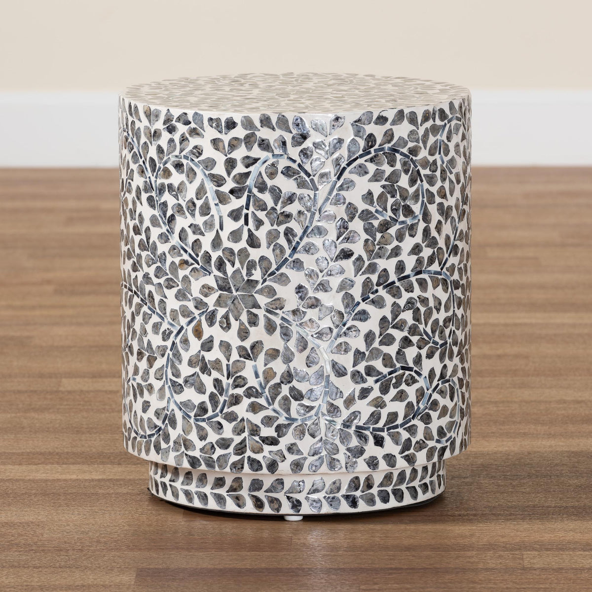 Marilla Coastal Black and White Mother of Pearl Capiz Shell Ottoman Footstool