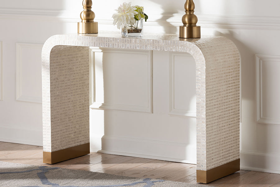 bali & pari Carlyn Coastal Beige and White Mother of Pearl Capiz Shell Console Table