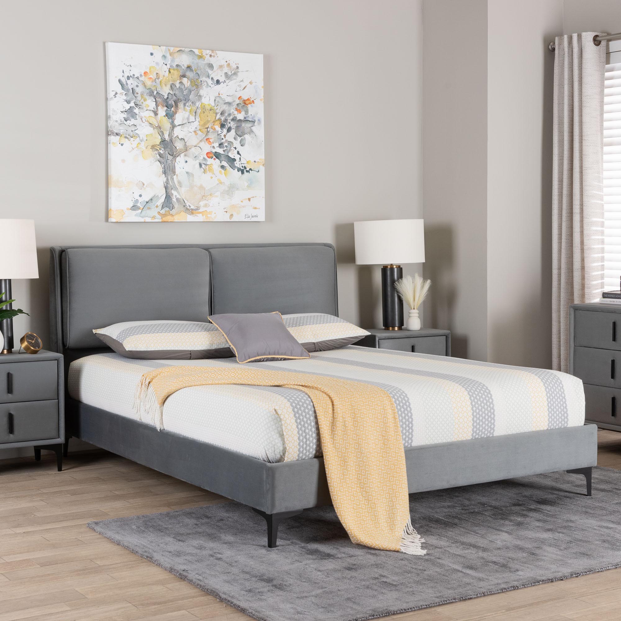 Etienne Modern Slate Grey Velvet Queen Platform Bed