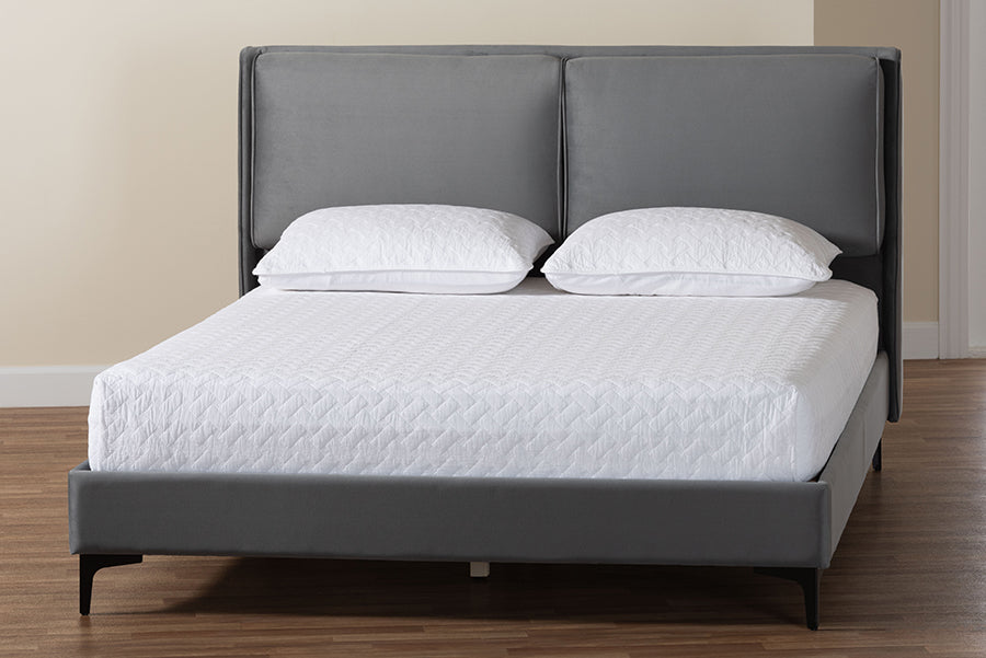 Etienne Modern Slate Grey Velvet Queen Platform Bed