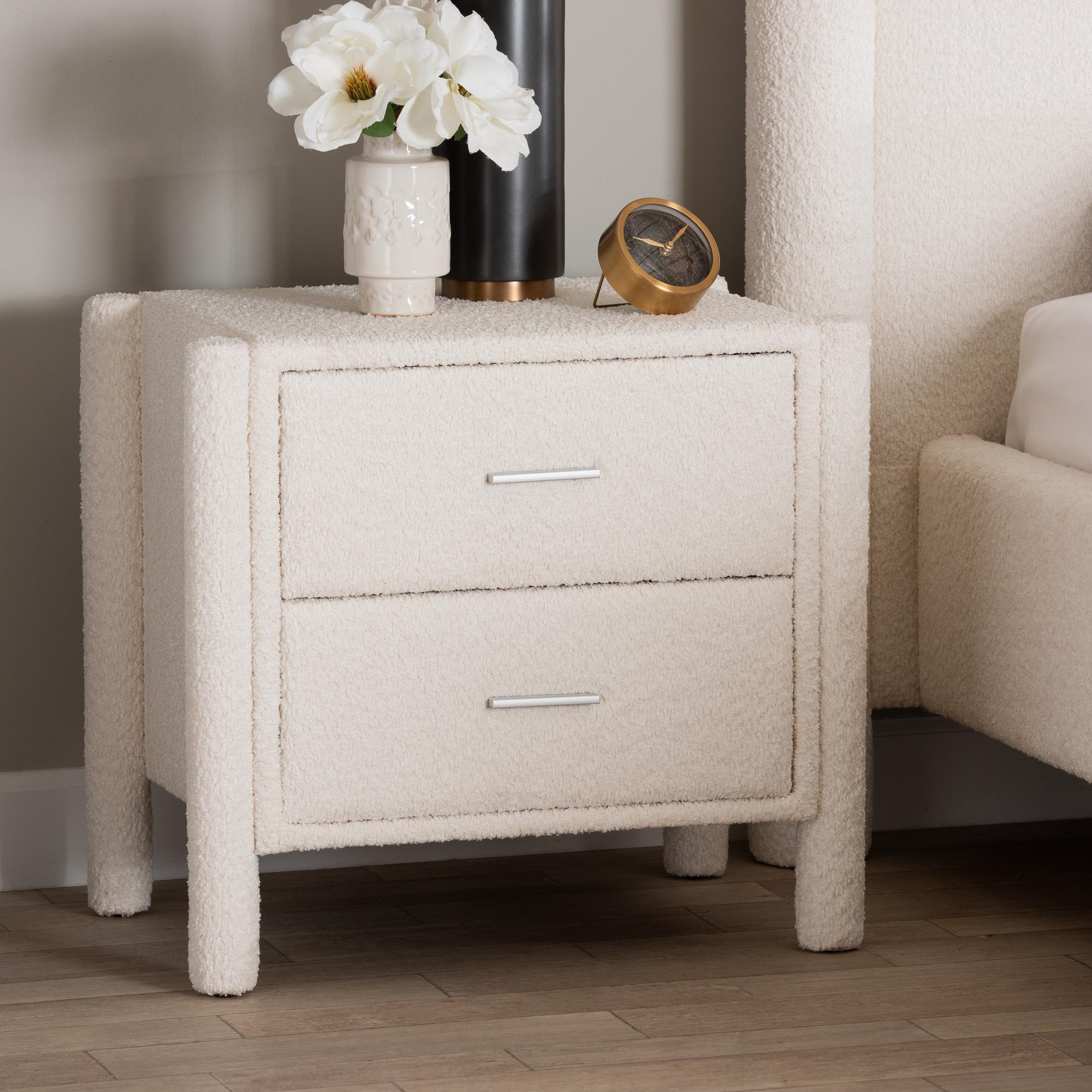 Laria Modern White Teddy-Bear Fabric 2-Drawer Nightstand