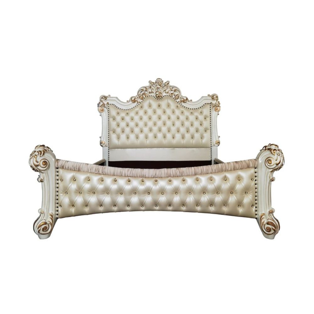 Indresh Vendome Queen Antique Pearl Synthetic Leather Bed – Baroque Style Carved Accents