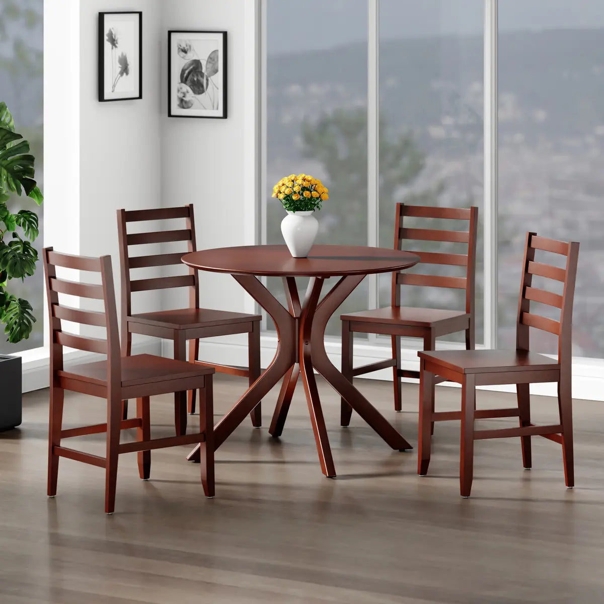 Lexa Dining Table with Splayed Legs, Walnut Finish with 4 Hamilton Dining Chairs