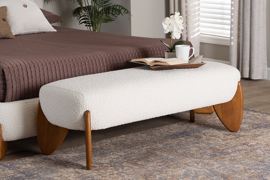 Vinicio Mid-Century Modern Cream Boucle Accent Bench