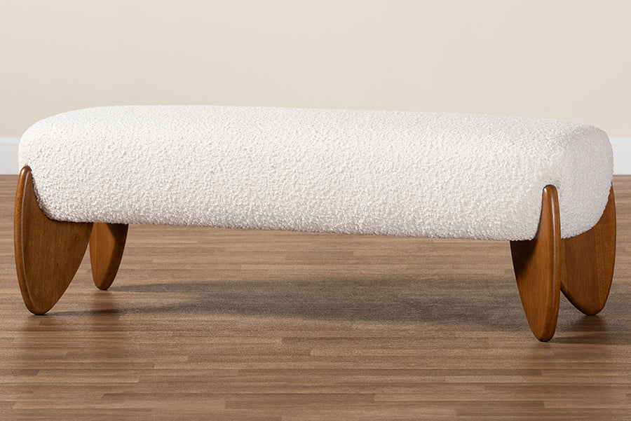 Vinicio Mid-Century Modern Cream Boucle Accent Bench