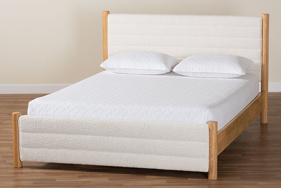 Eilert Modern Cream Boucle and Oak Brown Wood Queen Bed