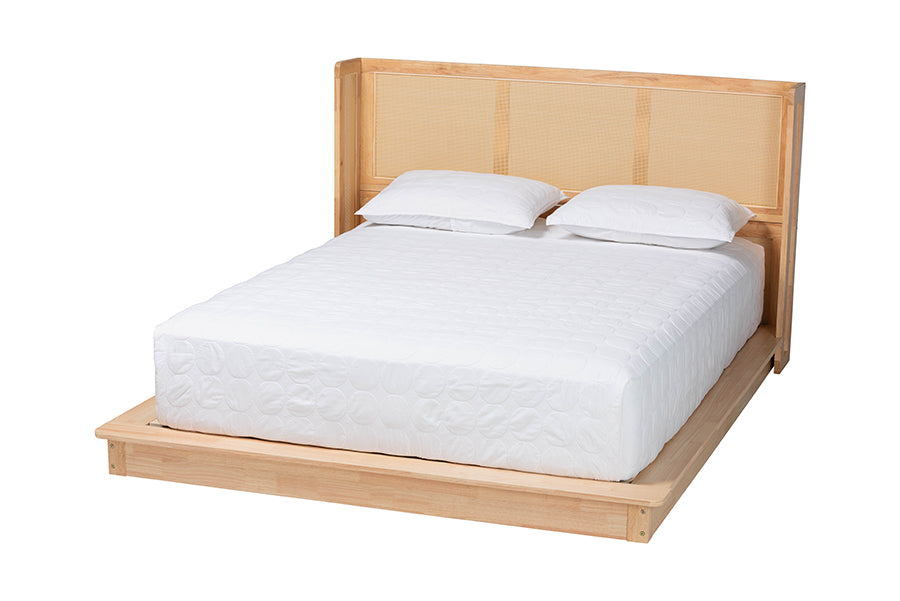 Glennis Japandi Natural Brown Wood Queen Size Platform Bed with Woven Rattan