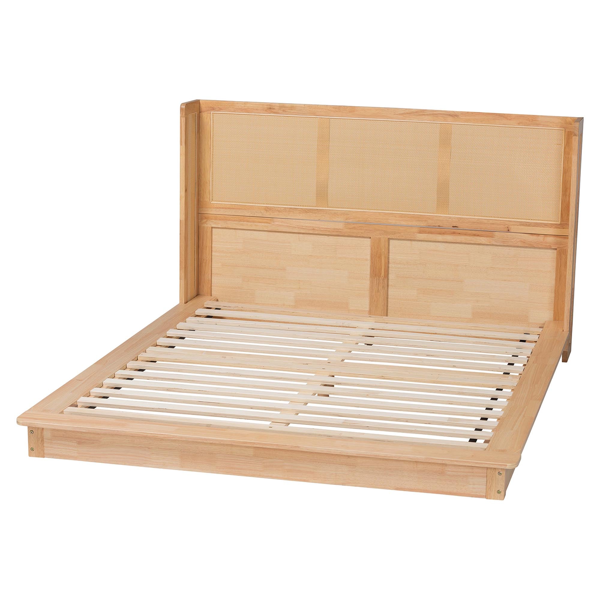 Glennis Japandi Natural Brown Wood Queen Size Platform Bed with Woven Rattan