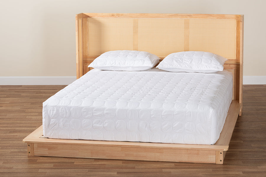 Glennis Japandi Natural Brown Wood Queen Size Platform Bed with Woven Rattan