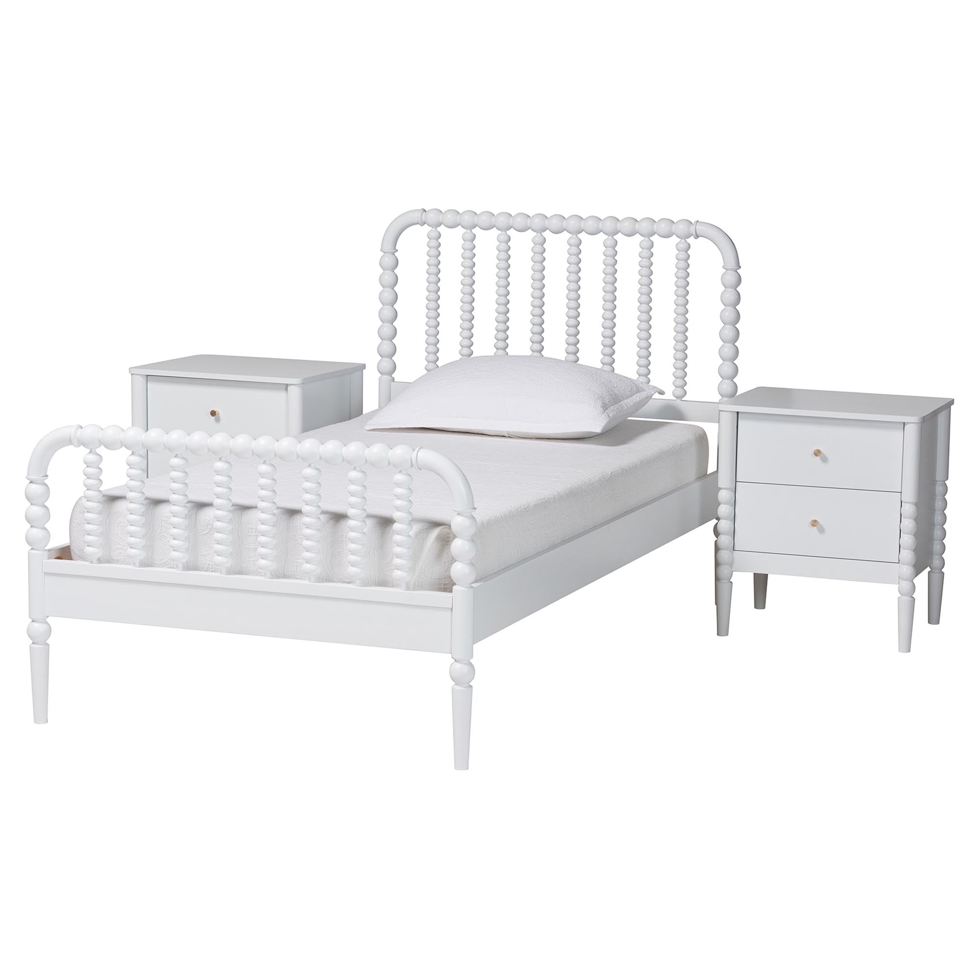 Baxton Studio Lucera Mid-Century White Twin Size 3-Piece Bobbin Bedroom Set
