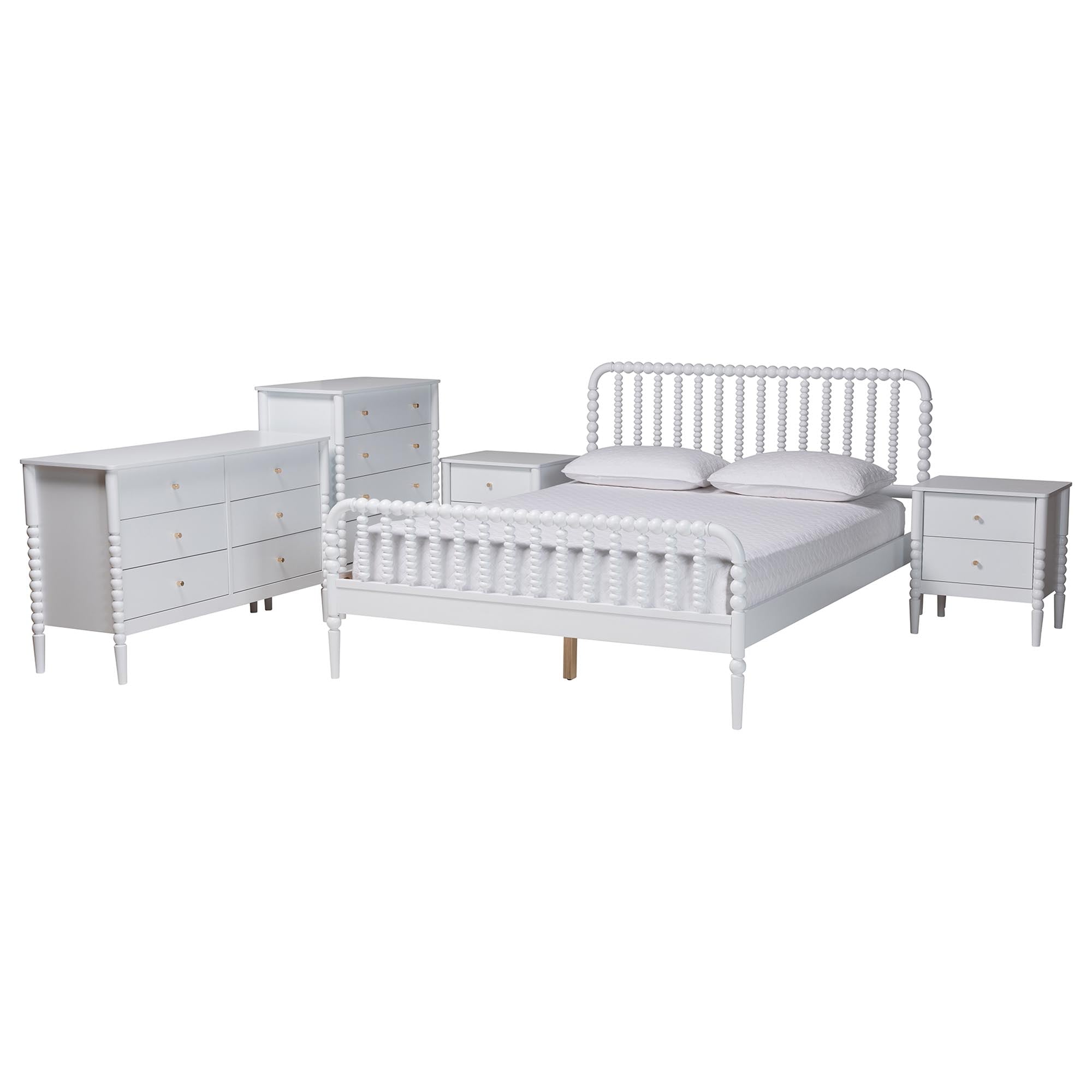 Baxton Studio Lucera Mid-Century White Queen Size 5-Piece Bobbin Bedroom Set