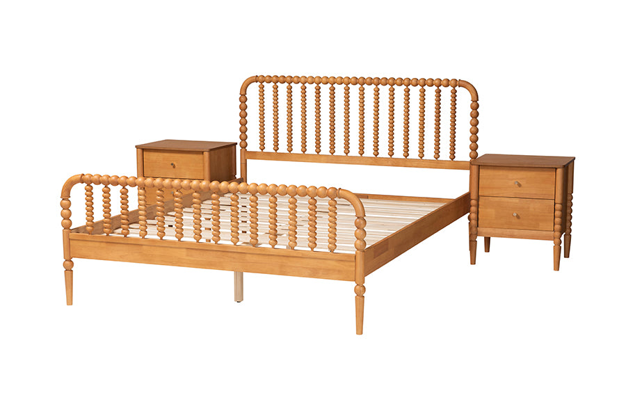 Lucera Mid-Century Oak Brown Queen Size 3-Piece Bobbin Bedroom Set