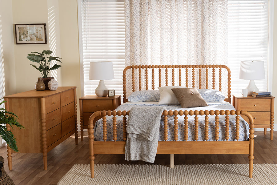 Lucera Mid-Century Oak Brown Queen Size 4-Piece Bobbin Bedroom Set
