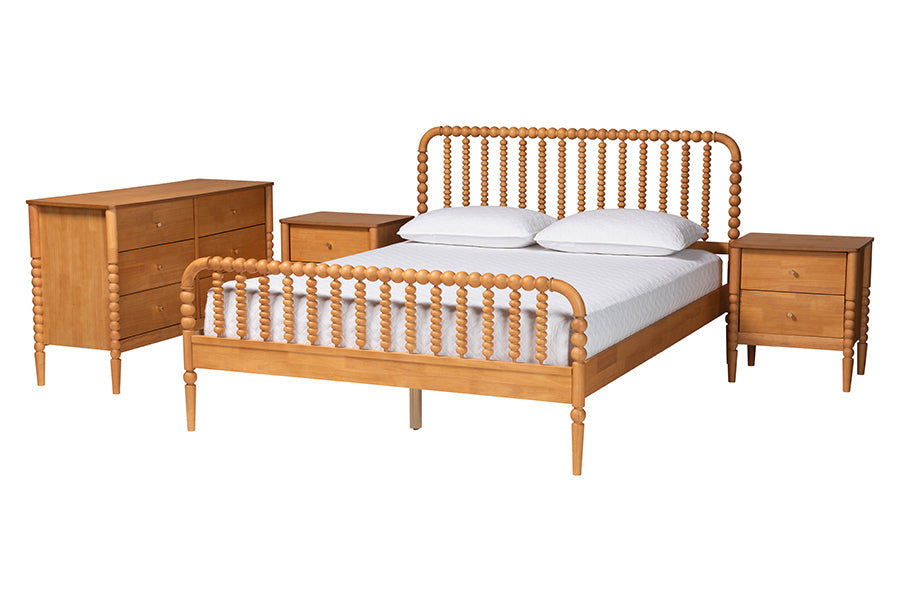 Lucera Mid-Century Oak Brown Queen Size 4-Piece Bobbin Bedroom Set