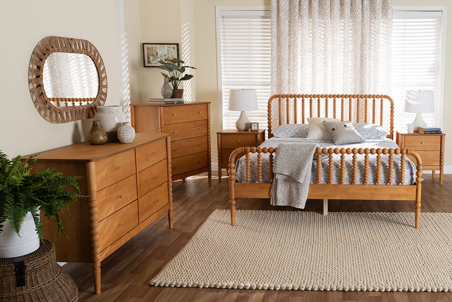 Lucera Mid-Century Oak Brown Queen Size 5-Piece Bobbin Bedroom Set