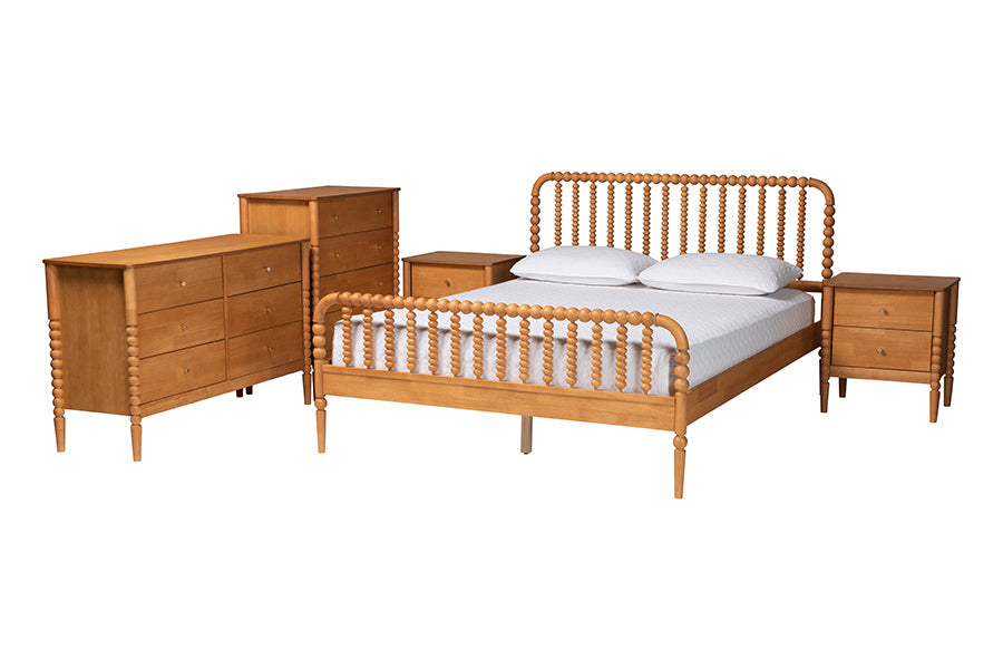 Lucera Mid-Century Oak Brown Queen Size 5-Piece Bobbin Bedroom Set