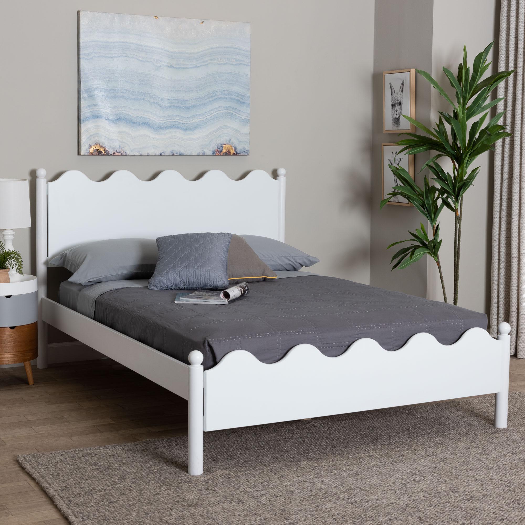 Malaya Modern White Wood Full Platform Bed with Scalloped Edges