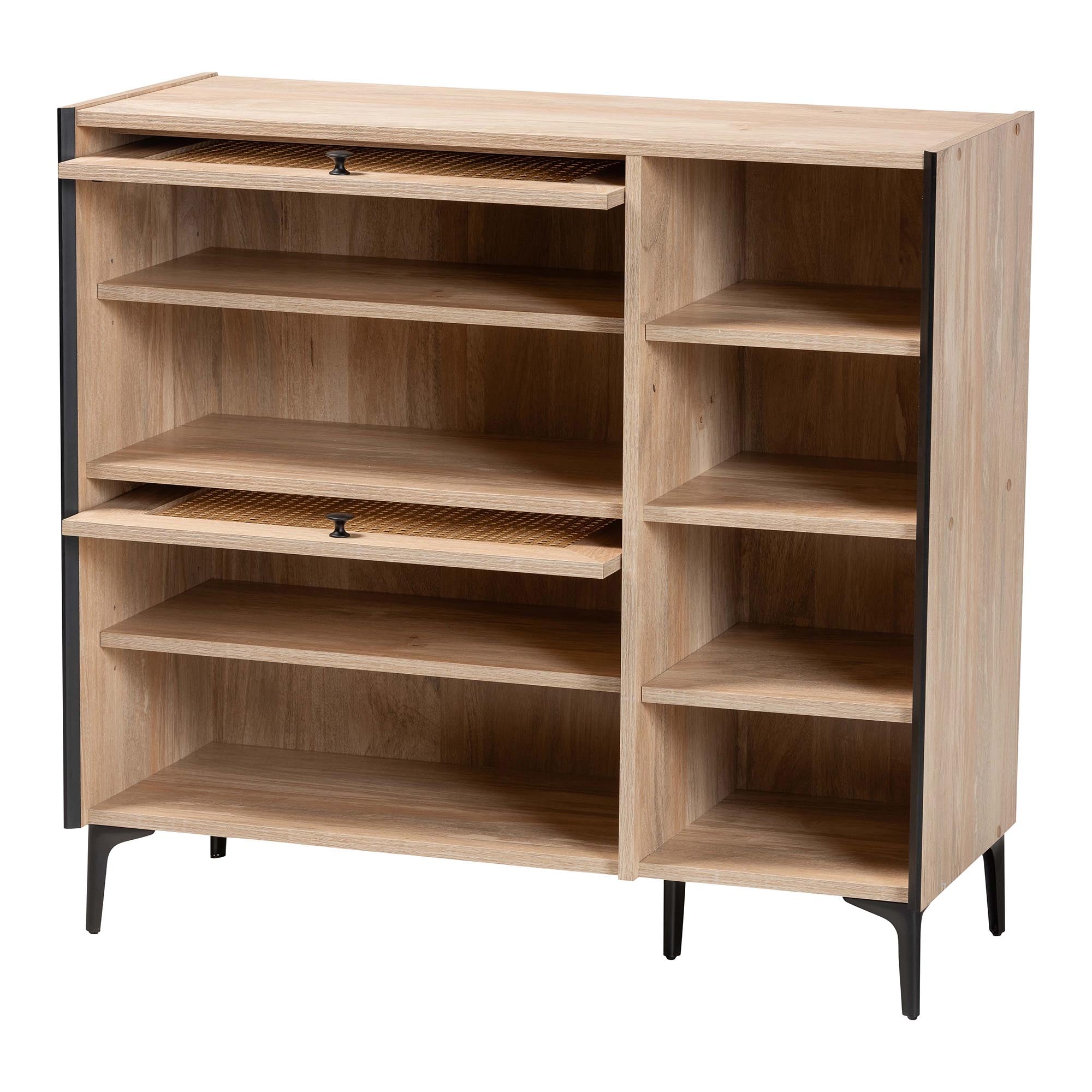 Malcolm Mid-Century Modern Oak Brown Wood Shoe Cabinet with Flipper Doors