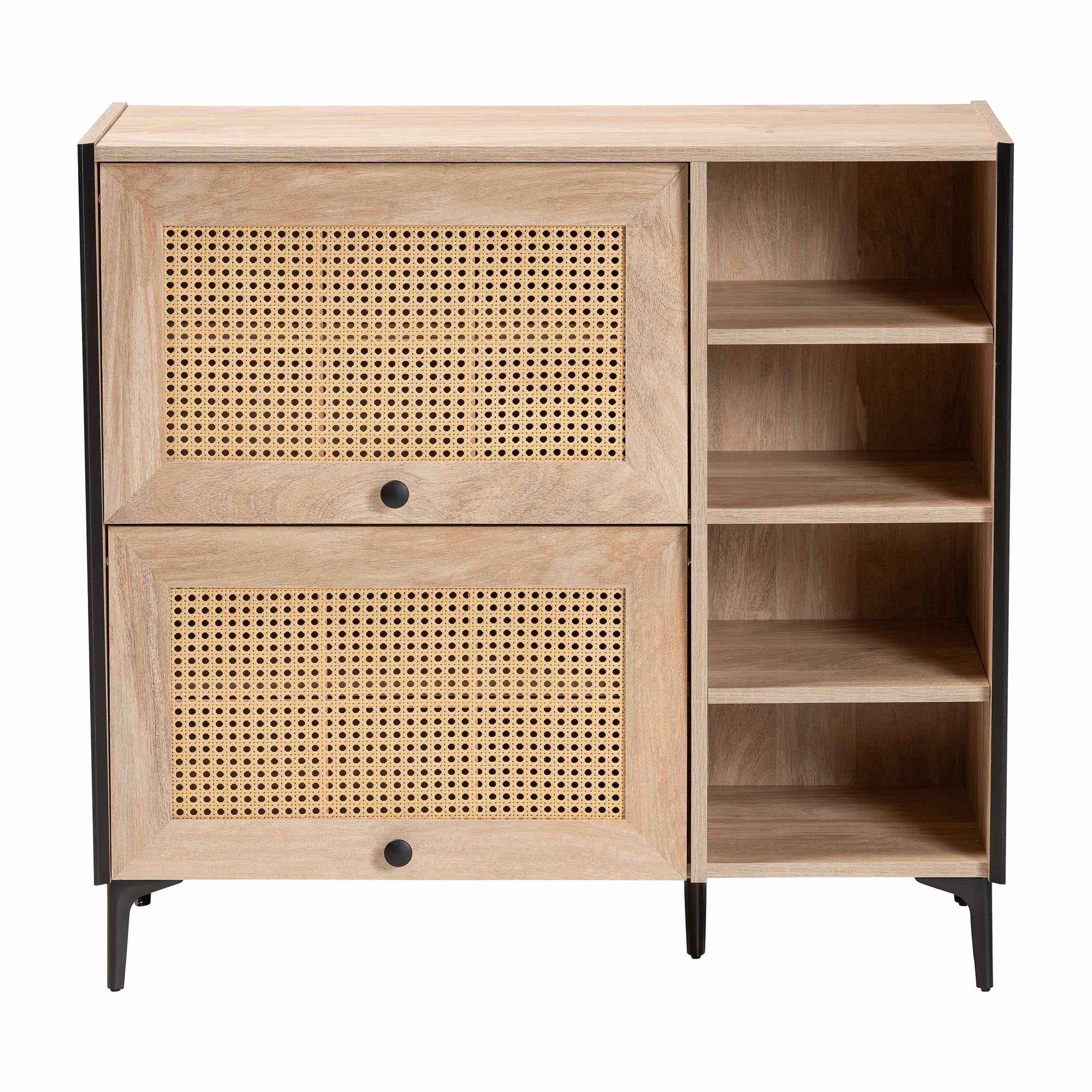 Malcolm Mid-Century Modern Oak Brown Wood Shoe Cabinet with Flipper Doors
