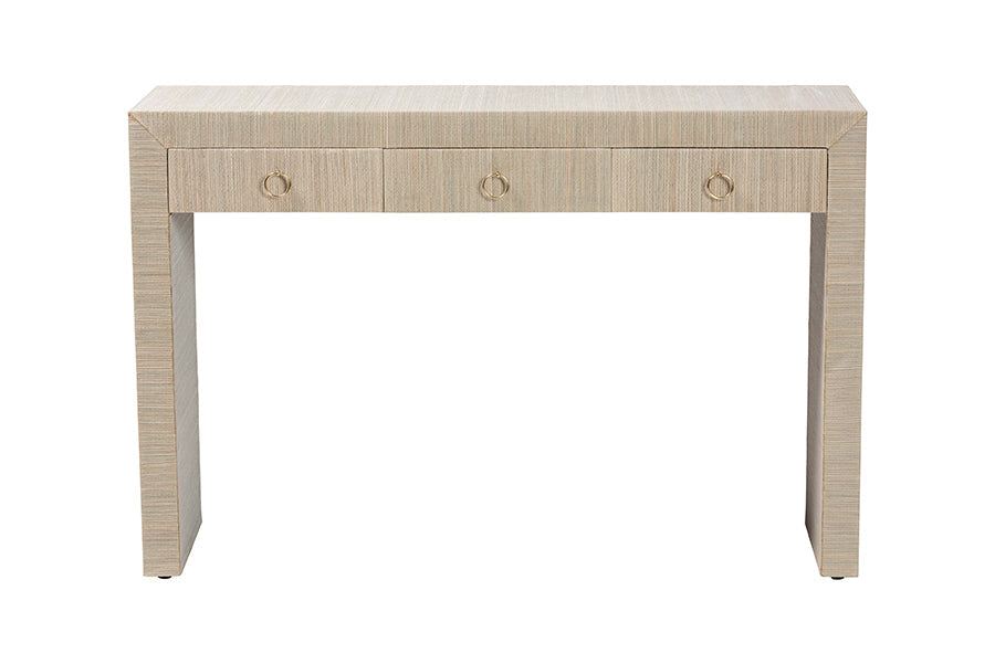 Cielo Bohemian Woven Natural Grasscloth 3-Drawer Console Table